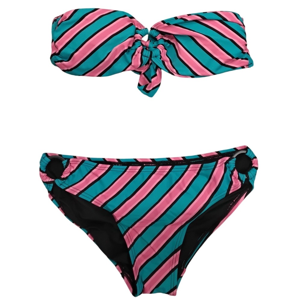 DKNY Strapless Bikini Set Pink Teal Stripe Tie Front‎ Bottoms Size P/TP